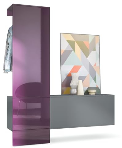 Vladon Carlton Hallway Set 4, Hallway Storage Set with 1 Coat Rack Panel, 1 Cabinet, anthracite matt/raspberry high gloss (156,5 x 193 x 35 cm)