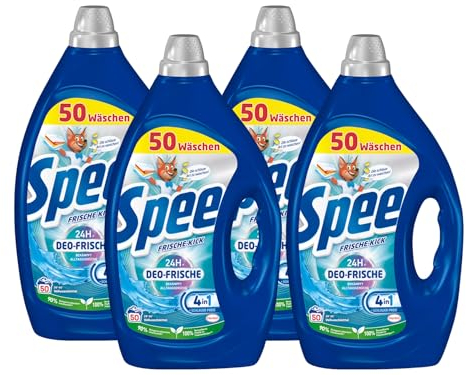 SPEE Deo-Frische Frische-Kick Waschmittel 4x 50 WL (200 Waschladungen), Flüssigwaschmittel mit 4 + 1 Formel bekämpft Alltagsgerüche für 24 h Deo-Frische, Vollwaschmittel für Temperaturen ab 20°C