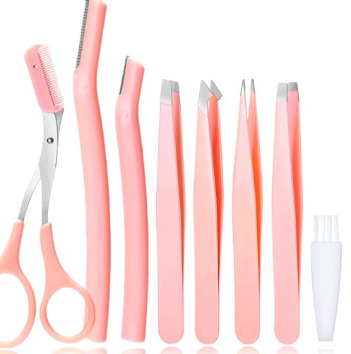 Tweezers Set for Facial Hair Removal Women, 8Pcs Precision Eyebrow Tweezers with Slanted & Pointed Tip Eyebrow Plucker Men for Ingrown Hair Removal (Pink)