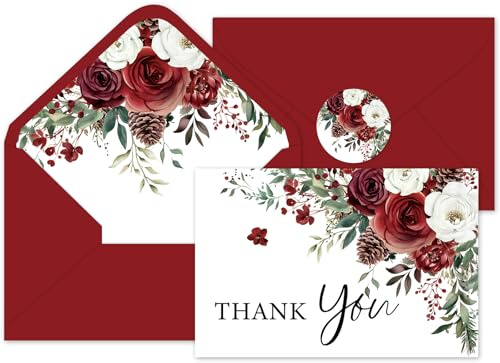 Whaline 24Pcs Rose Pinecone Thank You Cards with Envelopes and Stickers Red White Rose Pinecone Greeting Cards Xmas Winter Blank Note Cards For Christmas Party Supplies