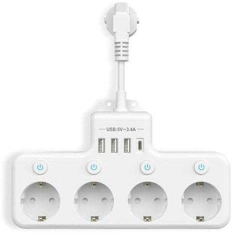 Steckdosenleiste mit USB, 4 Fach Mehrfachsteckdose Mit Einzelschalte Mehrfachsteckdose Mit 3 USB & 1 Type-C (5V 3.4A) für Küche Wohnzimmer Schlafzimmer Büro