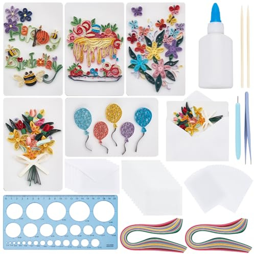 WEBEEDY 20 Sets Paper Quilling Kit DIY Happy Birthday Quilling Cards for Adults, Blank Greeting Card Making Kit with Instruction Quilling Strips 5 Styles Heart,Cake,Balloons,Flowers for Invitation