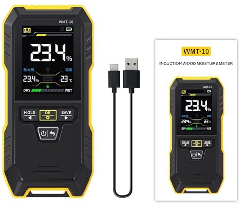 DewinLVD Holz Feuchtigkeitsmessgerät, Feuchtigkeitsmesser für Holz Wände Mauerwerk Stiftlose Wand Feuchtigkeitsmessgerät mit 4 Modi LED-Farbbildschirm Feuchtemessgerät Nicht-invasive Messung(WMT-10)