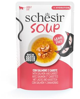 Schesir, Zuppa con Filetti di Salmone e Carote, in busta, Cibo Umido Complementare per Gatti,Ricetta Originale, 100% Naturale, Cruelty Free, 12 x 40g