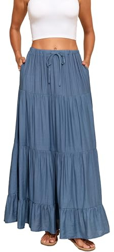 Capuffy Women Summer Boho Flowy Swing Maxi Skirt Tiered A-Line Skirts Elastic Waist Ruffles Pleated Beach Skirt with Pockets(Denim Blue,S)