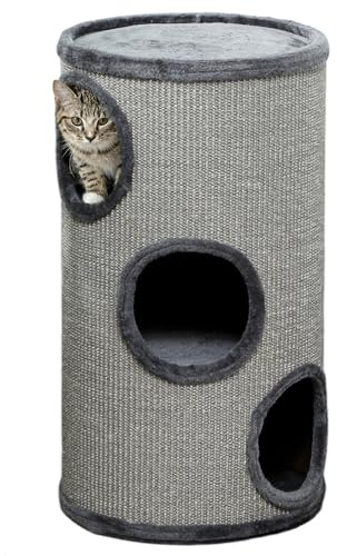PawHut Tonneau à gratter pour Chat, Tour à griffer en sisal, Arbre à Chat à 3 Niveaux recouvert de Peluche, Ø 38 x 70 cm, Gris Clair