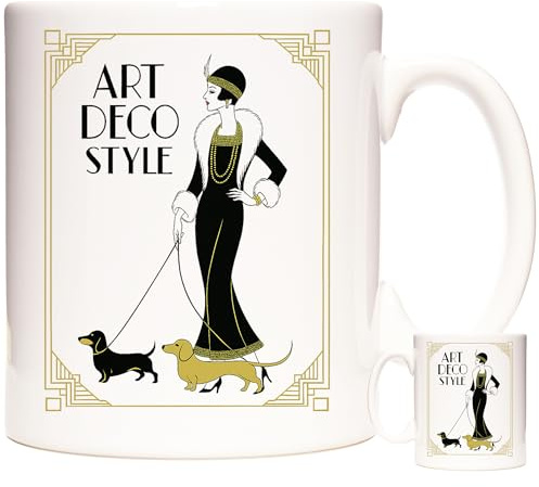 KAZMUGZ Art Deco Style Mug – Elegant Lady with Dachshunds – 11oz Ceramic Coffee Cup in Gift Box – Vintage Glamour Design – Sausage Dog Lover Gift – Black & Gold Flapper Lady