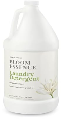 Bloom Essence Free & Clear Liquid Laundry Detergent – Plant-Based, Hypoallergenic & Unscented Concentrated Formula for Sensitive Skin, 256 Loads, 128oz
