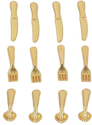 Ensemble de Vaisselle pour Maison de Poupée, Couteaux Miniatures Non Toxiques, Fourchettes, Cuillères, Jeu de Rôle, Idéal pour Noël (GOLD)