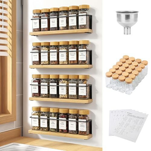 KitHero Bamboo Magnetic Spice Rack for Refrigerator, Space Saving Complete Set with 24 Bamboo Lid Glass Jars, 216 Waterproof Labels & Steel Funnel, Fridge Spice Organizer, 11.6 W x 2.4 D x 3.2 H