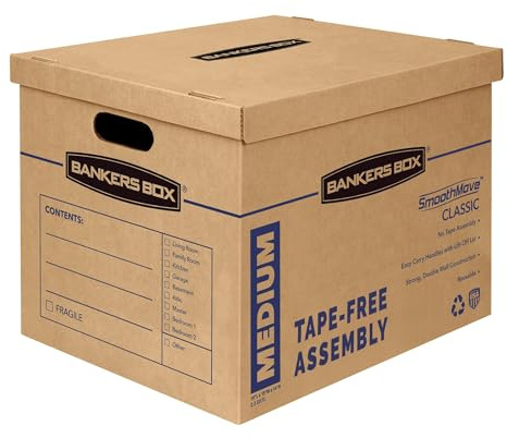 Bankers Box Medium Classic Moving Box 8 Pack, Reinforced Handles, Tape-Free Assembly, Box with Lid, 19-in x 14.5-in x 15.5-in (7717201)