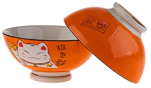 lachineuse – 2 Suppen- oder Ramen-Schüsseln – Maneki-Neko-Design – Farbe Orange – Mehrzweckschüsseln – Porzellan – Japanische Dekoration – Geschenkidee Japan Asien