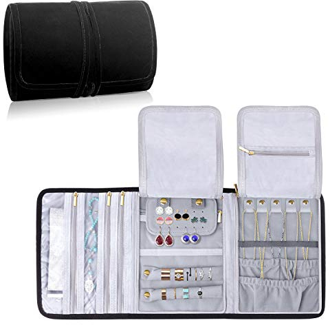 Teamoy Jewellery Roll, Jewellery Wrap, Travel Jewellery Organiser with Various Departments, Velvet Material, Black