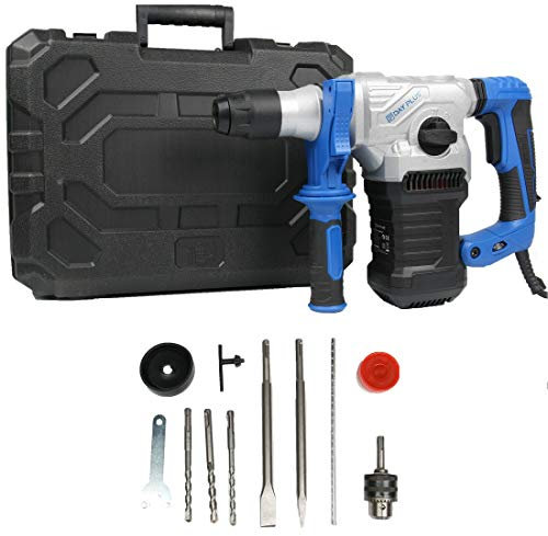 1500W Heavy Duty Rotary Hammer Corded Impact Drill with 360°Rotary Handle, 4 Function in 1, 6 Adjustable Speed, SDS Plus Drill, Bit Chisels Set, 200cm Power Cord Length