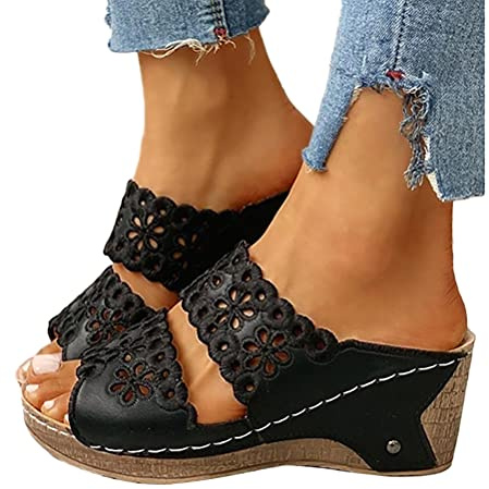 Onsoyours Tongs Sandales Compensees Femme Plates Été Talons Plateforme Romaines Espadrilles Cuir Bout Ouvert Chaussures pour Plage Antidérapant Femme A Noir 41 EU