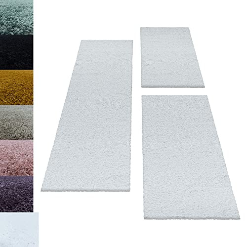 Carpettex Bettumrandung Schlafzimmer 3teilig Shaggy Teppich Hochflor Einfarbig Weiss Bettset:2 mal 80x150 + 1 mal 80x250 - Bettvorleger Schlafzimmer Läufer Set Weich Flauschiger Bettumrandung