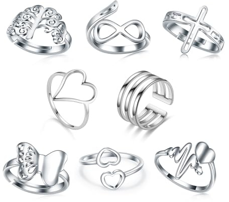 8 Pack Stainless Rings Set for Women Silver Aesthetic Jewelry Rings Adjustable Stackable Rings for Teen Girls Trendy Knuckle Thumb Finger Rings Size 8 9 7 10 Indie rings with Infinity Butterfly Cross