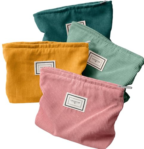 Sanwuta 4 Pack Velvet Makeup Bag Cosmetic Bag for Women Large Capacity Corduroy Pouch Zipper Canvas Travel Toiletry Purse Make up Organizer Case Accessories(Retro Color,Plaid)