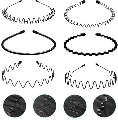 Metal Headband Mens Hair Band Non-Slip Sports Hair Hoop for Men Black Wavy Fashion Hair Band for Outdoor Weddings (6 PCS)