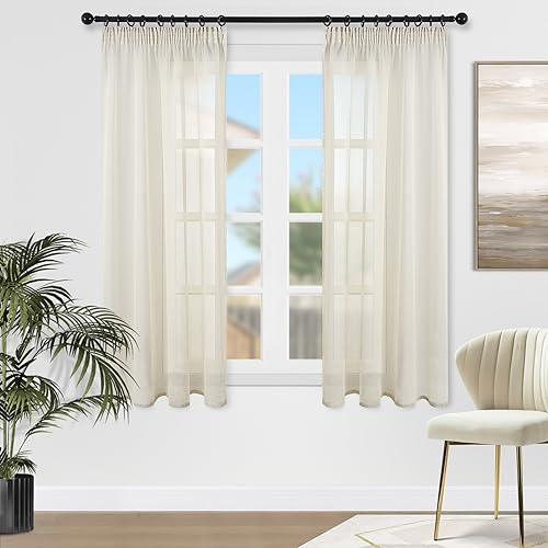 Topfinel Gardinen Kurz Vorhang kräuselband Stores Gardine Schals mit Ösen Voile Curtains Living Room Fensterschals Vorhänge Weiss 140 cm Lang Dekoschal für kleine Fenster