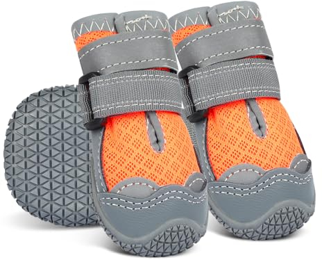 Sezlinver Hundeschuhe mit Rutschfester Sohle, 4er Pack Verstellbarer Pfotenschutz mit reflektierenden Bändern, waschbare und atmungsaktive Hundeschuhe für kleine, mittlere und große Hunde(4), Orange