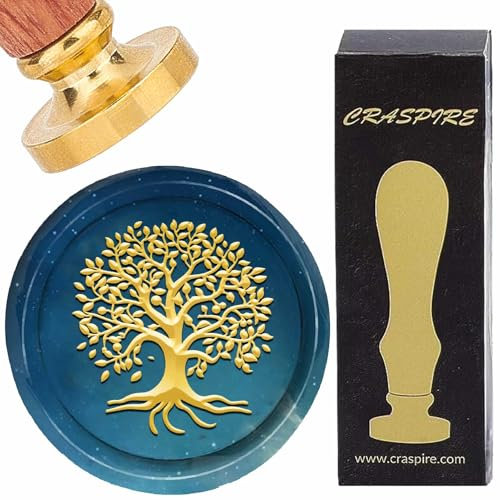 CRASPIRE Siegelstempel Aus Wachs Mit Lebensbaum Vintage Siegelwachs Stempel Set Retro Pflanze 30mm Abnehmbarer Kopf Aus Goldmessing Mit Griff Aus Palisander Für Einladungen Umschläge Briefe Weinpakete