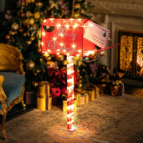 Christmas Yard Light Decorations, 34 Inch Lighted Santa’s Mailbox Yard Decor, Xmas Red Letter Box Yard Decor, Tinsel Mailbox Christmas Decorations for Indoor Outdoor Yard (Warm White)