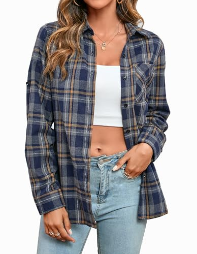 Stamain Rutig skjorta dam flanell långärmad klassisk skogsarbetare skjortor casual button down toppar för kontor, Marinblå/grå, XXL