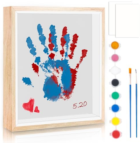 Familien-Handabdruck-Set, 10 Zoll DIY-Fußabdruck Set Baby, Holz Handabdruck Baby Fotorahmen Set mit 8-Farben-Pigment Pinsel Reibepapier für die Babyparty und Frischgebackene Eltern Geschenke(Weiß)