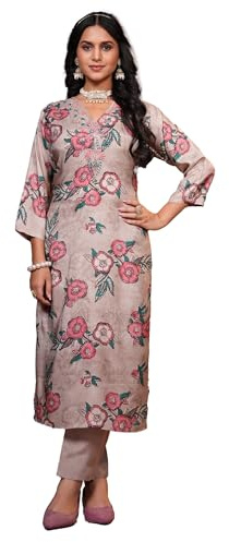 Ladyline Set kurta da donna in seta italiana con pantaloni | Set coordinato realizzato a mano con stampa digitale, Beige, 72