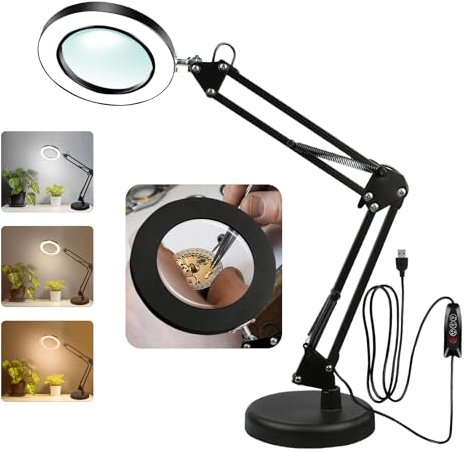 Zhiwei 10x Magnifying Glass with Light and Stand, 3 Color Modes Desk Lamp, Adjustable Swing Arm, Suitable for Handicrafts, Reading, Repair, and Close Range Work. (Circle)