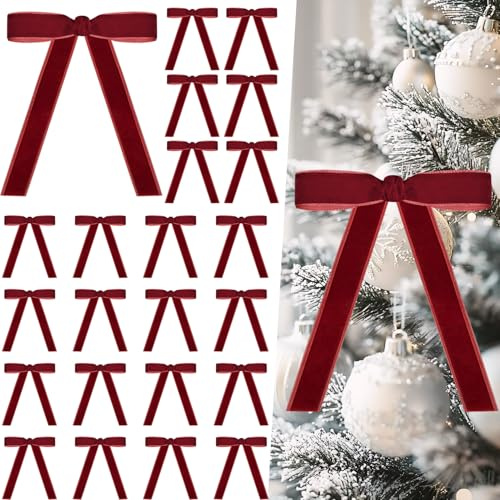 Miaikoe 24 Pcs Velours arcs pour Arbre Rustique Velours Ornements de Noël arcs rustiques pour Porte Guirlande Couronne Cadeau décoration de fête (Largeur de 2.5cm, Bourgogne)