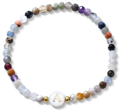 BodyBonita Braccialetti con Iniziale in Pietra Naturale - Elastico Bracciali Personalizzati in Madreperla Sintetica con Lettere A per Donna e Uomo