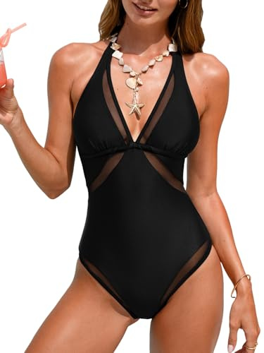 CUPSHE Costume da bagno intero da donna con scollo a V e cinghie annodate da donna, con bordo in rete, copertura standard, nero, M