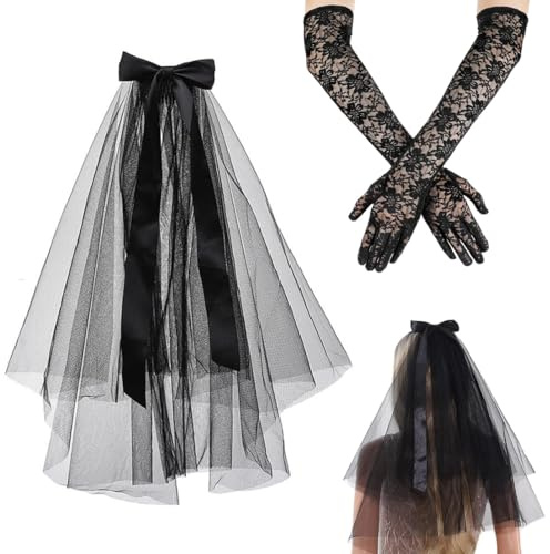 Set Accesorios Despedida de Soltera, Velo Novia Negro + Guantes, Decoración para Fiesta de Novia, disfraz carnaval mujer