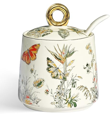 JUSONEY Ceramic Sugar Bowl with Lid and Spoon with Floral Pattern, Gold Trim - 7.5oz Elegant Sugar Jar with Lid and Spoon, Nordic Style for Kitchen, Dining, Cafe, Gift Idea (B)