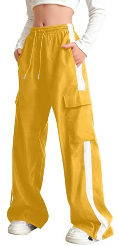 Saxrel Yellow Kids' Cargo Wide-Leg Pants School Trousers – Boys and Girls Elastic Waist Sports Sweatpants Spring Summer Baggy Joggers with Pockets Casual Long Pants for Daily Outings 12 Years