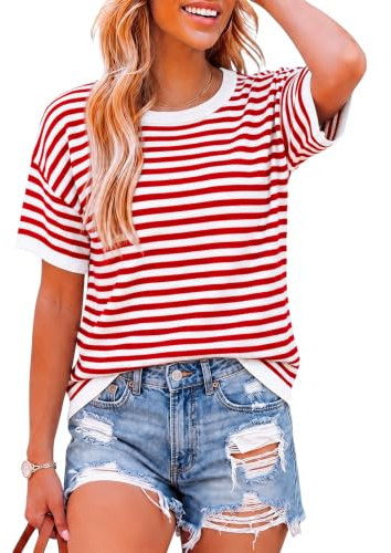 Terecey Pull Femme Rayé Manches Courtes Col Rond Top Tricoté Maille Légère | Toucher Doux, Tombé Fluide, Finition Soignée, Allure Fraîche, Confort Été, Mi-Saison et Début d’Automne
