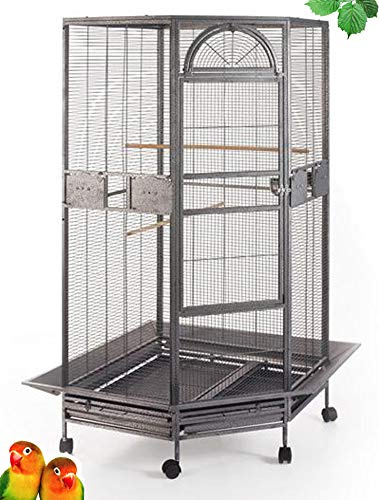64 Extra Large Corner Bird Flight Breeding Wrought Iron Rolling Parrot Cage Side Solid Metal Plate Feed Doors Pull Out Removable Grate and Tray with Around Metal Seed Guard