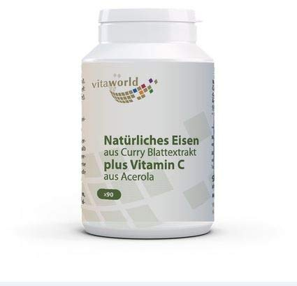 Vita World Natürliches Eisen 14mg aus Curryblatt Extrakt plus Vitamin C und Acerola 90 Kapseln Made in Germany