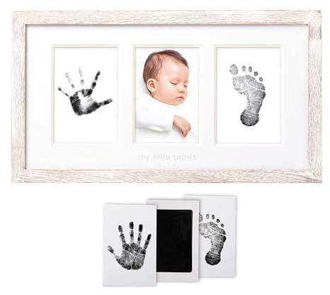 Pearhead My Little Prints Newborn Handprint & Footprint Keepsake Frame with Inkless Clean-Touch Pad, Gender-Neutral Rustic Nursery Décor, Baby Registry & Shower Gift, Distressed Wood