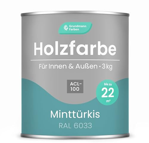 Grundmann Holzfarbe ACL 100 - Holzlack 3 Kg Türkis Petrol - 4in1 inkl. Grundierung - Seidenmatt - Wetterfest für Innen und Außen - RAL 6033 Minttürkis