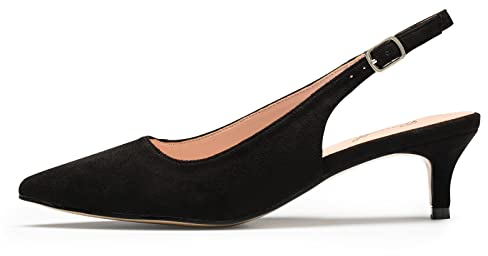 GENSHUO Damen Slingback Pumps,Spitz Zehen Kitten Heels 5 cm Adjustable-Strap Stilettos Heels Sandalen Wildleder/Lackleder Schwarz Größe 37.5