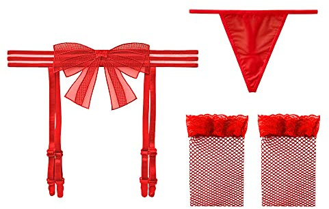 KOEMCY Mujer Liguero Sexy Arco Liga de Cintura Alta Sin Costuras Ligas para Muslo Medias Altas y 4 Ligas Ajustables con Tanga y Medias (Rojo)