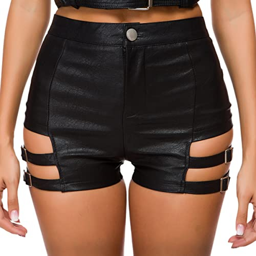 IWEMEK Pantaloni corti in pelle da donna neri a vita alta in PU, shorts in pelle Rave Pole Dance Booty Shorts, outfit per feste, nightclub gotico, pantaloni corti, pantaloni in vernice, hotpants