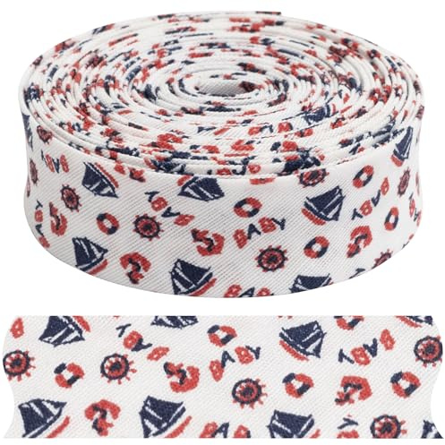 AERZETIX - C71510 - Cinta al sesgo decorativa 4.5 metros x 20mm con motivos marinos - color azul rojo blanco - mercería galón tela confección pasatiempo creativo costura ropa