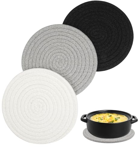 3 Stück Topf Untersetzer Set, Gewebte Untersetzer Hitzebeständige Runde Geflochtene Untersetzer Topf Kitchen Topfuntersetzer Baumwolle für Töpfe, Pfannen und Teller(3 Farben,18cm)