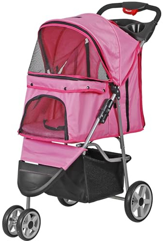Foldable Pet Stroller for Cats and Dogs 3 Wheels Carrier Strolling Cart with Weather Cover, Storage Basket + Cup Holder (Pink)