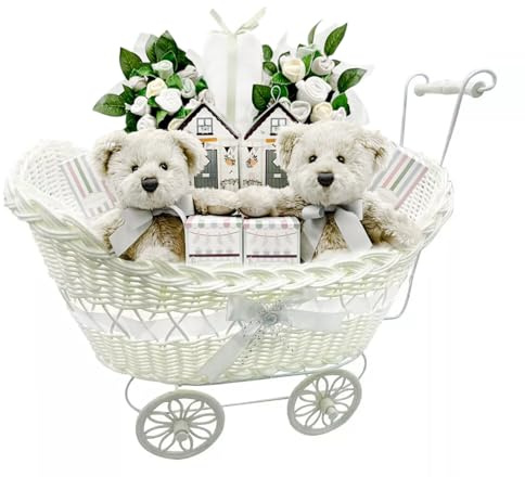 Pram Gift Hamper Basket, New Born Baby Boy/Girl Gift Storage Hamper Baby Shower Party Decoration New Mum to Be Gifts Empty Basket Toy Clothes Baby Accessorise Christmas Birthday Present (White)