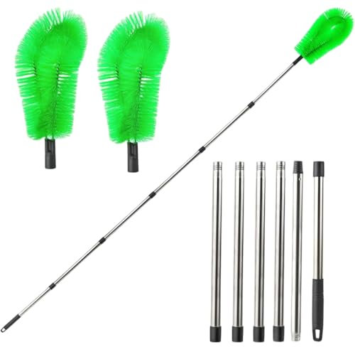 Cepillo para canalones, limpiador de canalones con 6 asas telescópicas extraíbles y 2 cabezales de cepillo verdes, limpiador de canalones de 258 cm para limpiar hojas/techos/ventanas/canalones